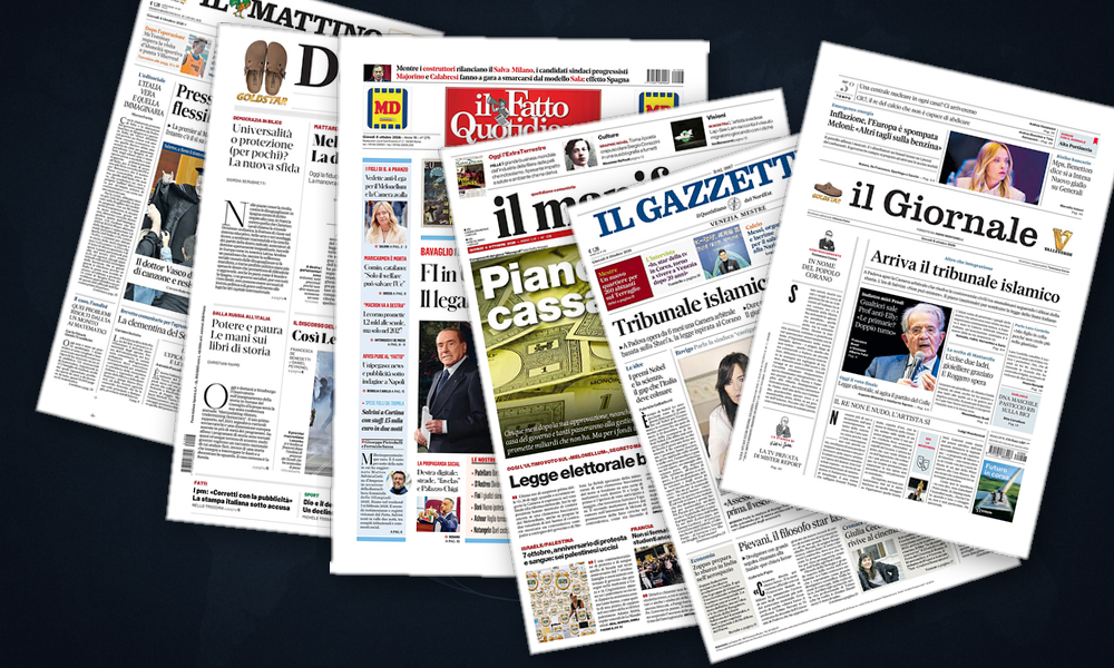 Collage delle prime pagine analizzate: Memorie del 7 ottobre e scosse geopolitiche