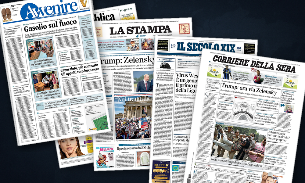 Collage delle prime pagine analizzate: Trump scarica Zelensky, lEuropa fa muro