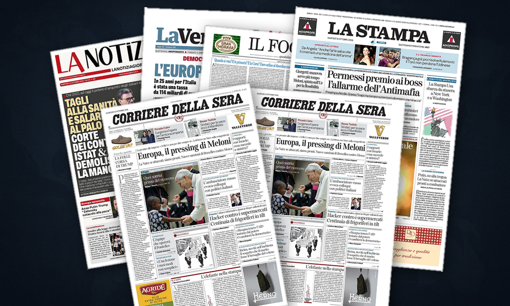 Collage delle prime pagine analizzate: Ucraina, Golfo e Ue dominano le prime pagine