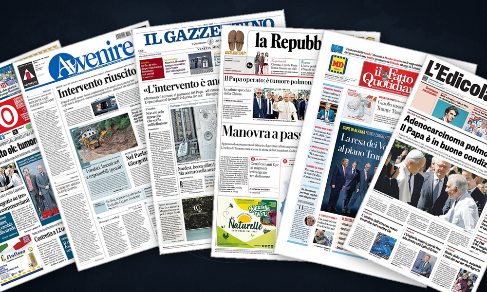 Collage delle prime pagine analizzate: Ucraina e Medio Oriente dominano le prime pagine