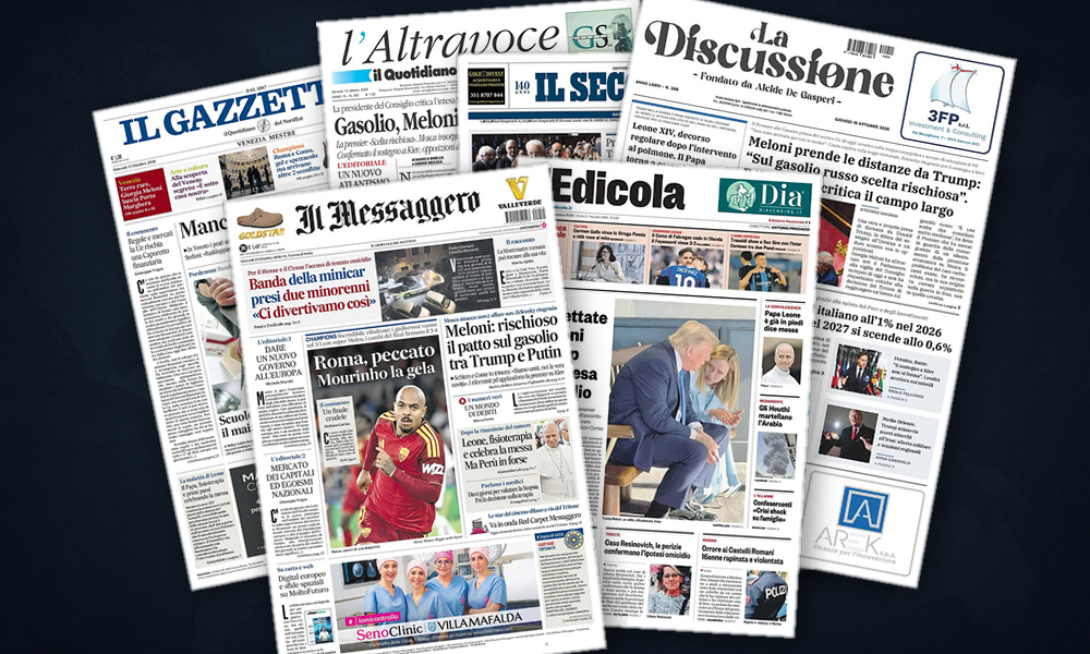 Collage delle prime pagine analizzate: Ucraina ed energia, lEuropa in vetrina