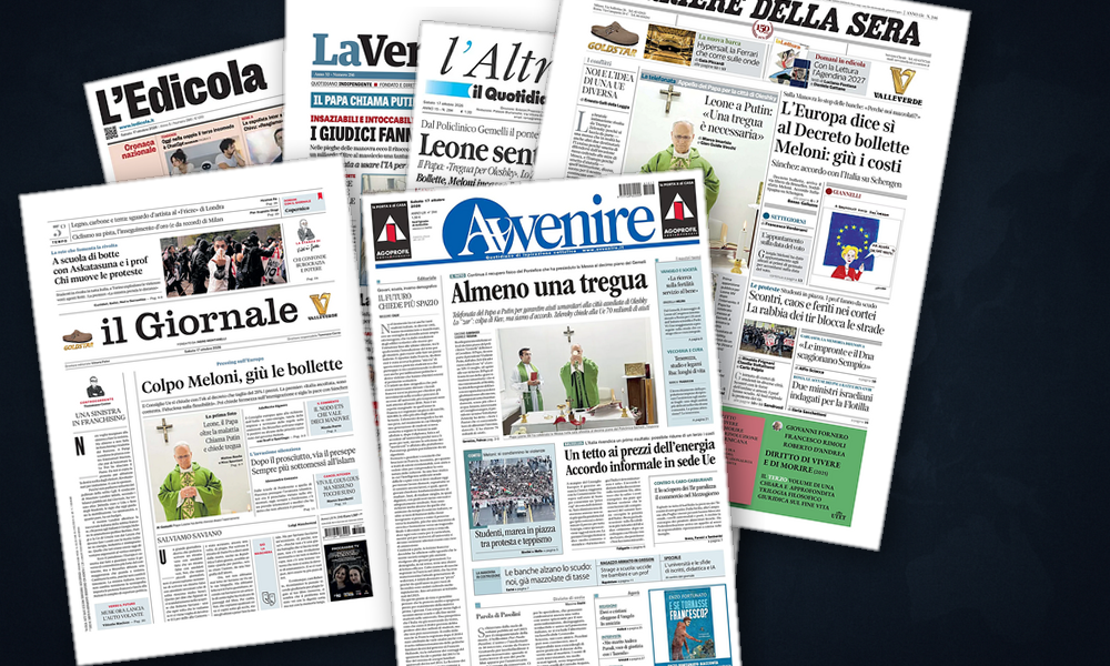 Collage delle prime pagine analizzate: Vaticano, Ucraina e Medio Oriente in vetrina