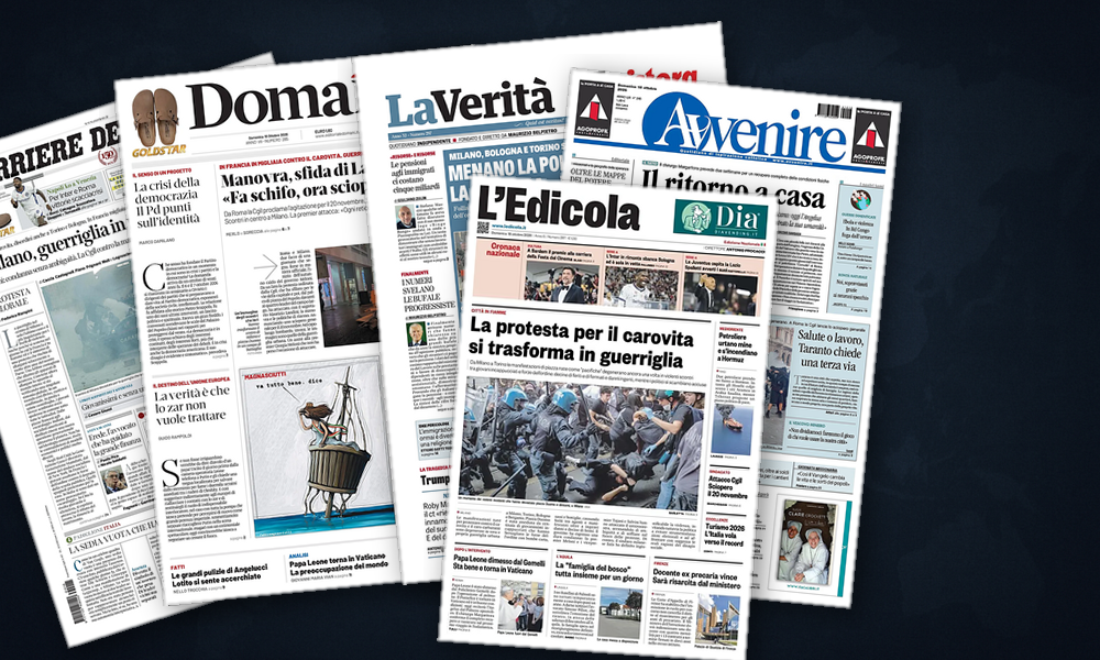 Collage delle prime pagine analizzate: Sanzioni USA e piazze francesi dividono i giornali