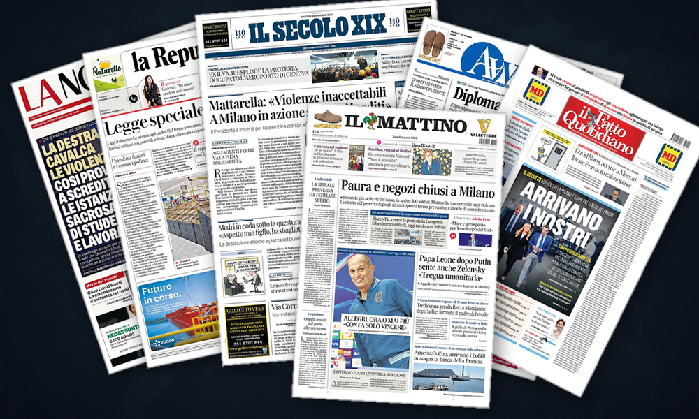 Collage delle prime pagine analizzate: Ucraina, Gaza e Francia: la bussola di oggi