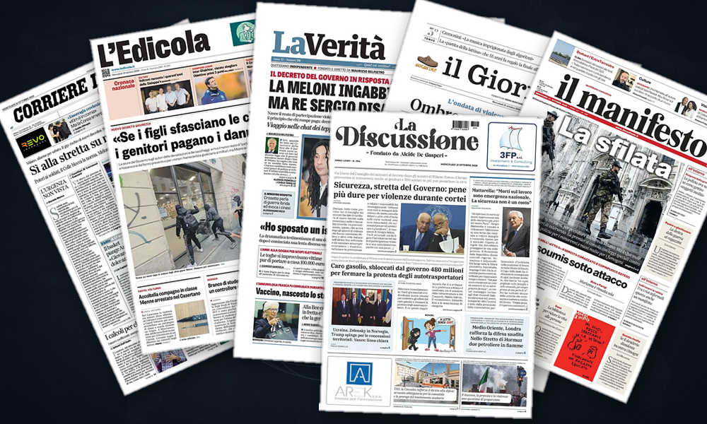 Collage delle prime pagine analizzate: Zelensky tra Trump e Putin, Francia e Israele
