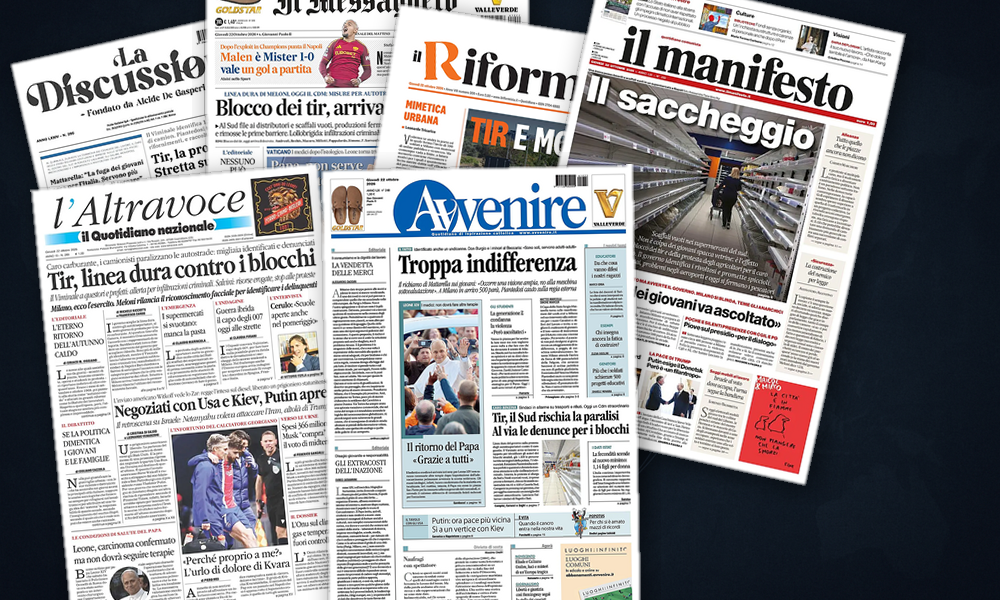Collage delle prime pagine analizzate: Pace in Ucraina, Europa nell'angolo
