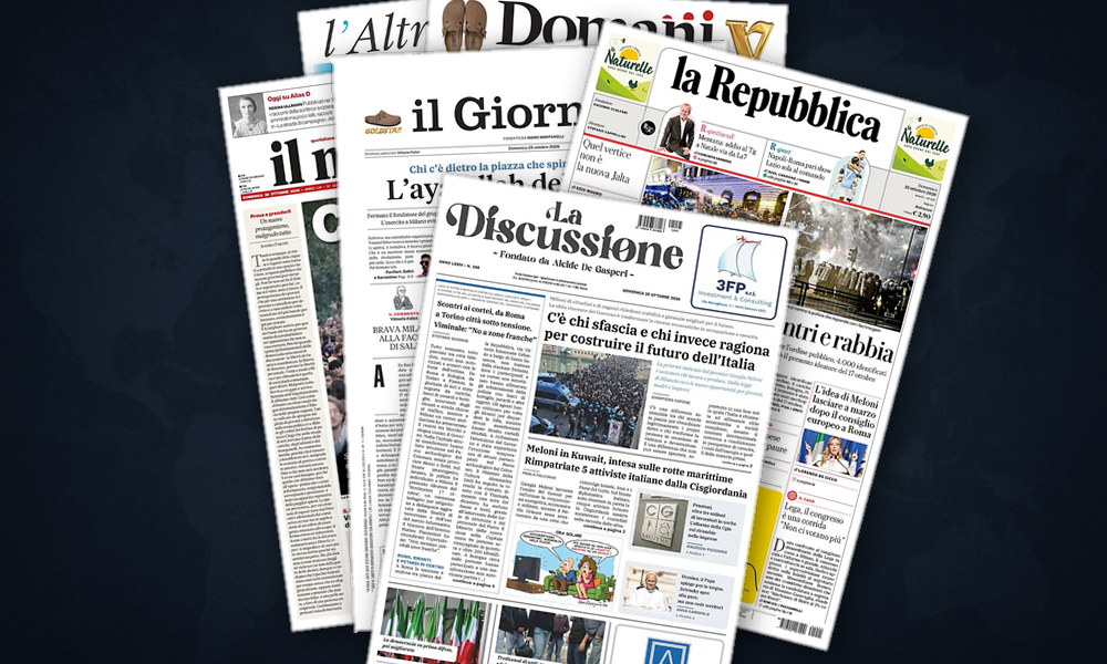 Collage delle prime pagine analizzate: Israele, Ucraina e Brasile in vetrina