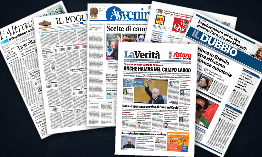 Collage delle prime pagine analizzate: Israele al voto, Lula trionfa, Serbia sorprende