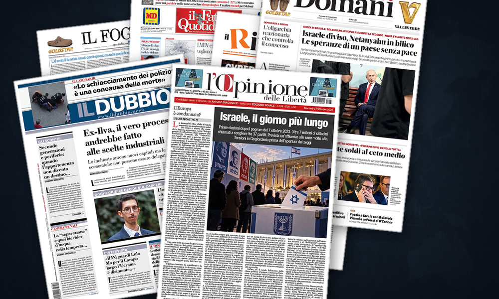 Collage delle prime pagine analizzate: Israele al bivio, ombre su Brasilia