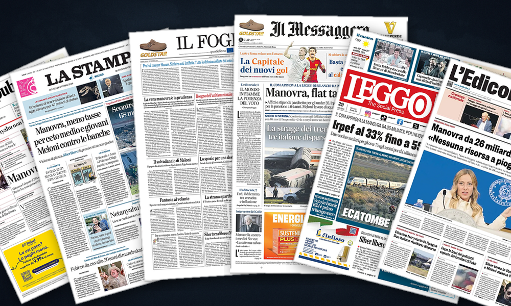 Collage delle prime pagine analizzate: Israele in bilico, Spagna in lutto