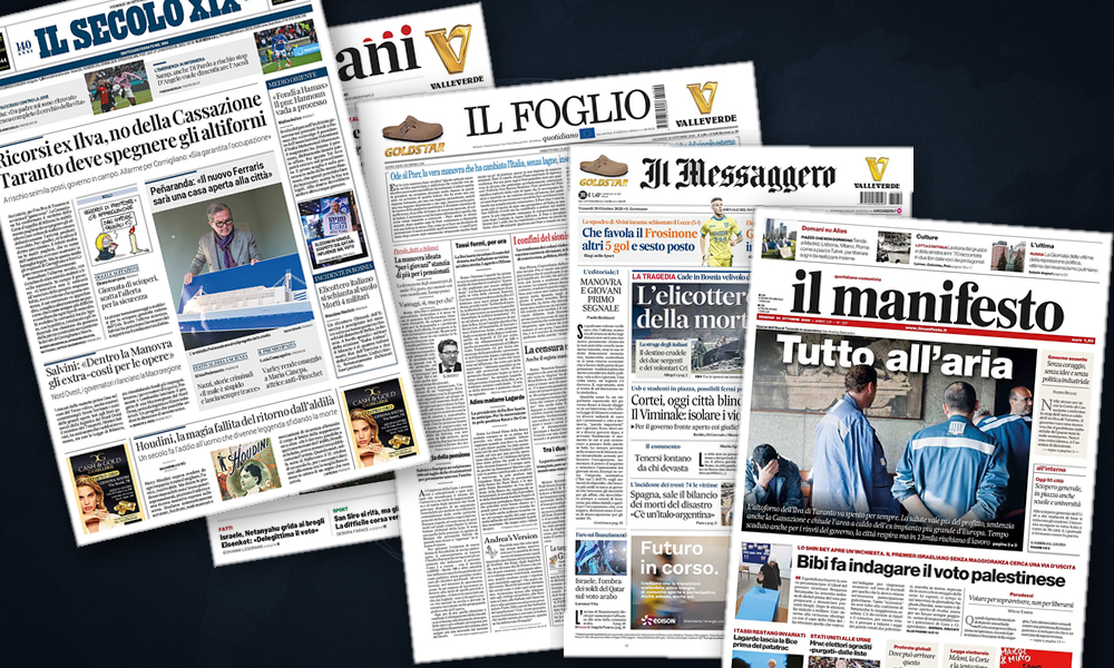 Collage delle prime pagine analizzate: Bosnia, Israele e Ucraina dominano le prime pagine