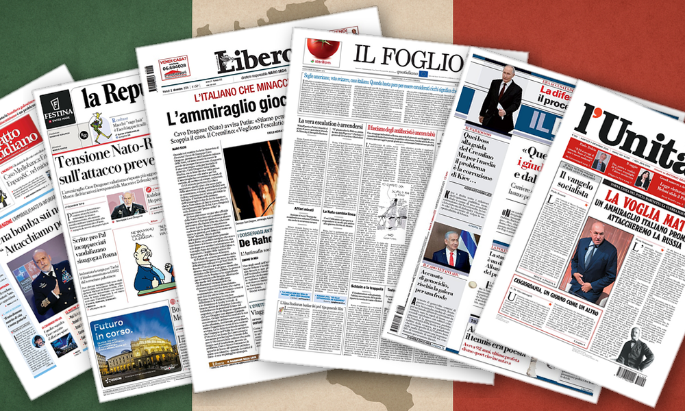 Collage delle prime pagine analizzate: Nato, piazze e memoria: Italia divisa