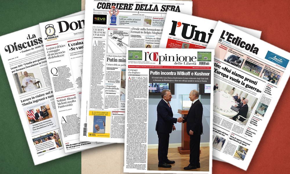 Collage delle prime pagine analizzate: Guerra, scandalo e lavoro: i fronti del giorno