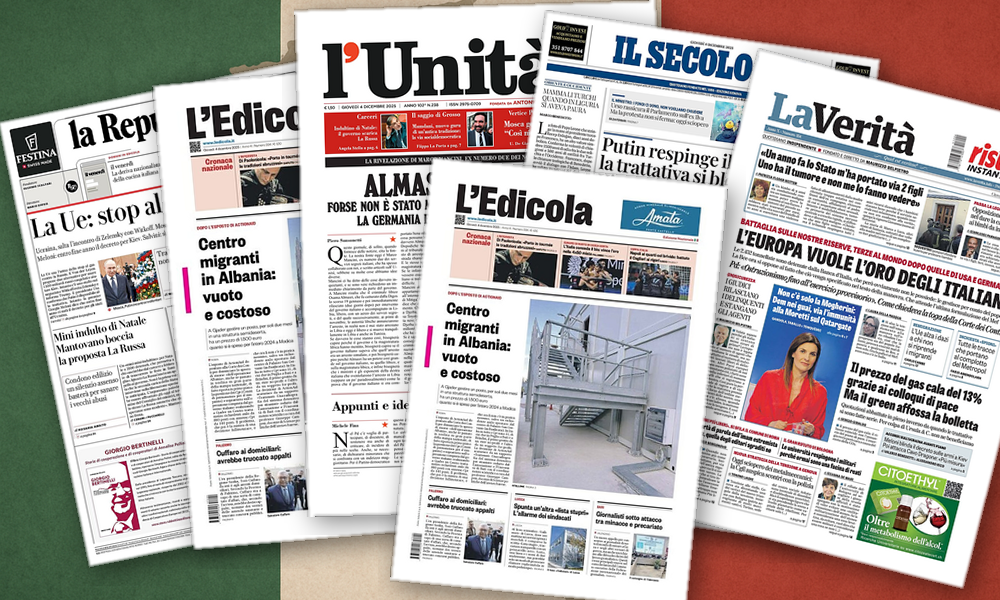 Collage delle prime pagine analizzate: Pace lontana, spread giù: stampa divisa