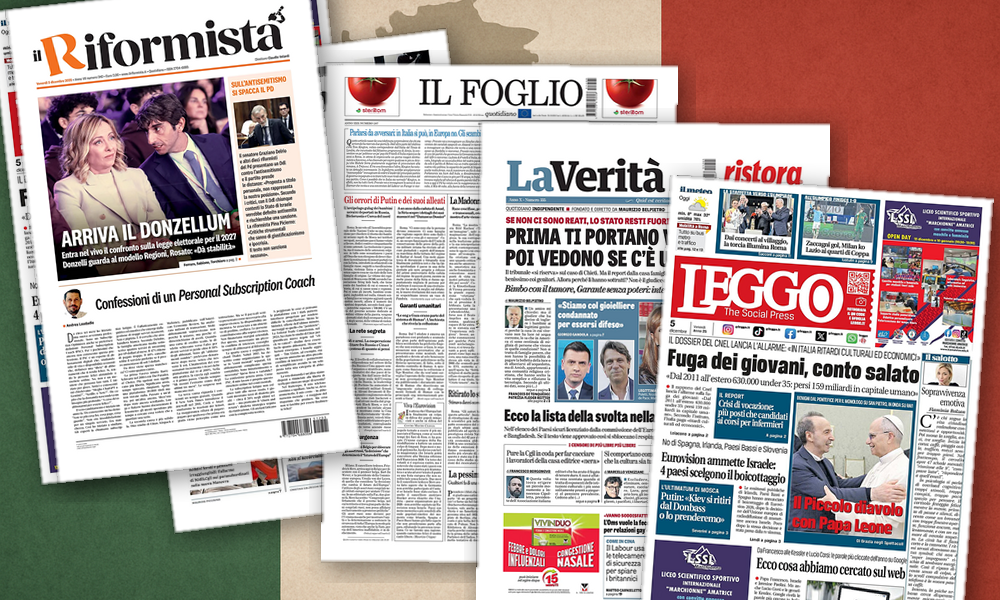Collage delle prime pagine analizzate: Ultimatum di Putin, edilizia e piazze