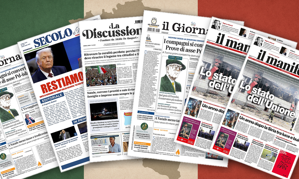 Collage delle prime pagine analizzate: Europa, armi e narrazioni divise