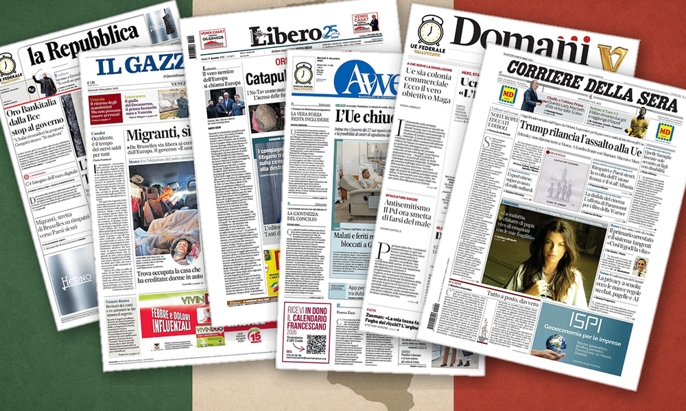 Collage delle prime pagine analizzate: Europa, migranti e Ucraina: fronti e fratture