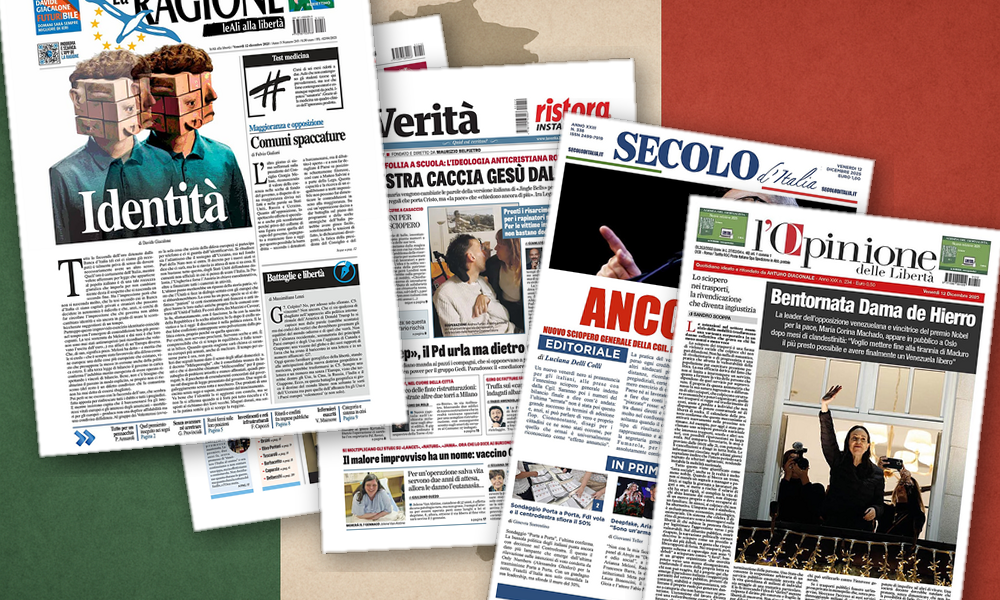 Collage delle prime pagine analizzate: Ucraina, sciopero e risparmio: l’Italia divisa