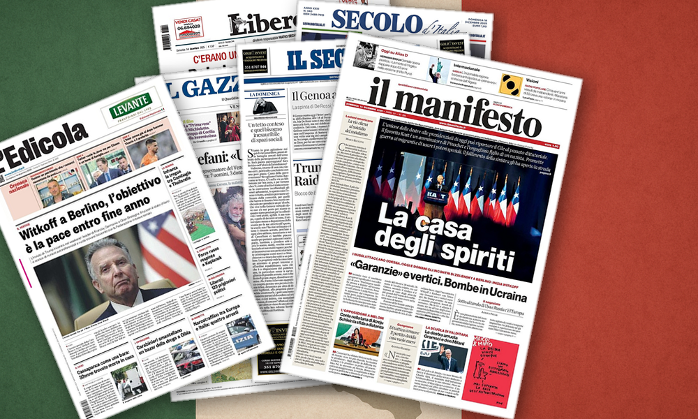 Collage delle prime pagine analizzate: Ritorsioni, Atreju e Elkann: l’Italia divisa