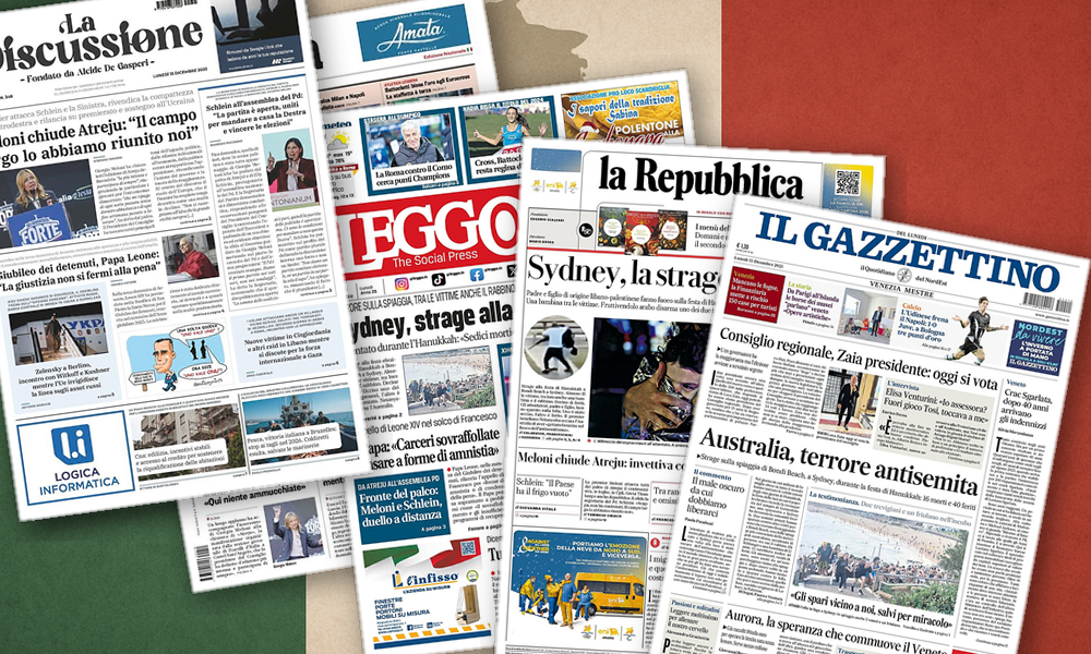 Collage delle prime pagine analizzate: Strage, duello politico e Europa in bilico