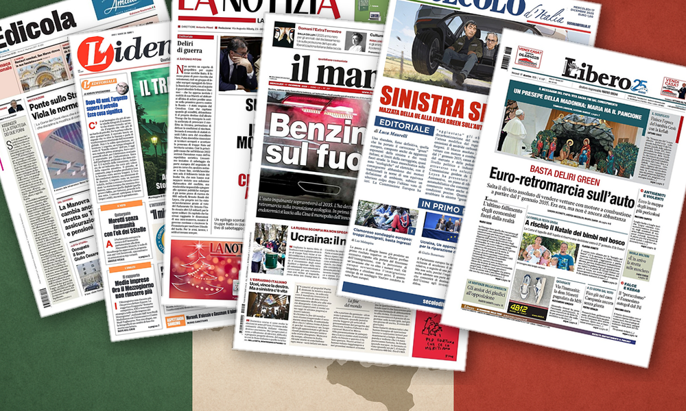 Collage delle prime pagine analizzate: Tregua gelata, auto e pensioni cambiano rotta