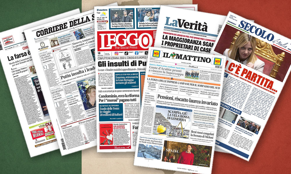 Collage delle prime pagine analizzate: Europa divisa, Italia prudente e piazze polarizzate