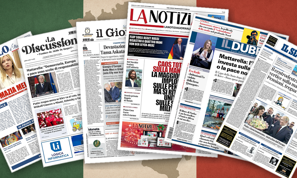 Collage delle prime pagine analizzate: Manovra in tilt, Europa a debito
