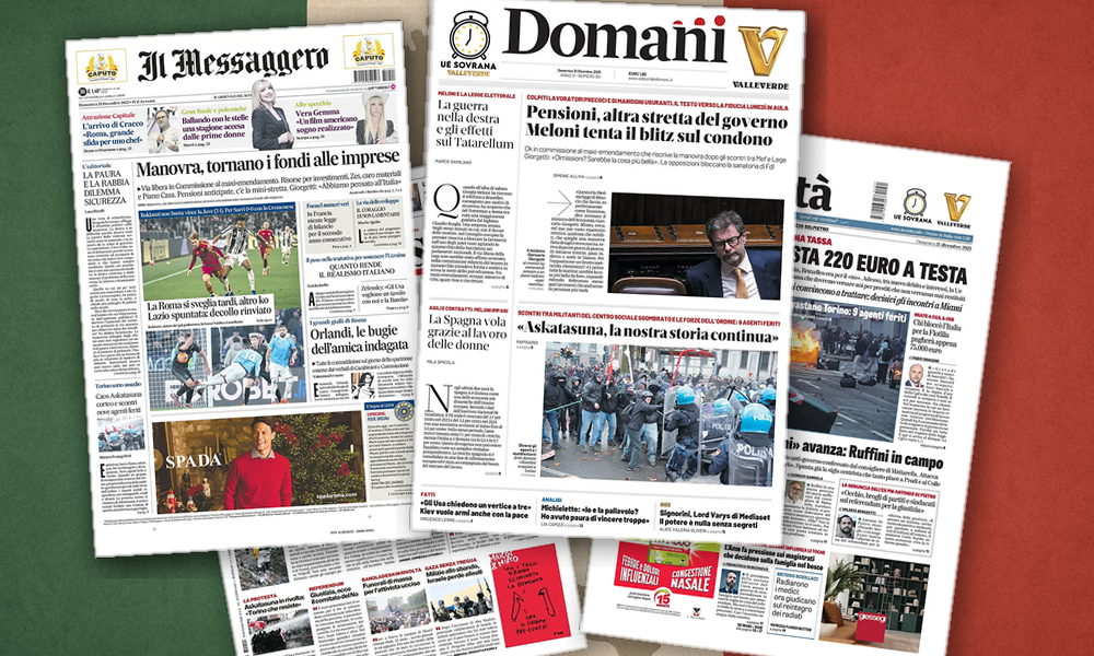 Collage delle prime pagine analizzate: Manovra, piazze e Miami