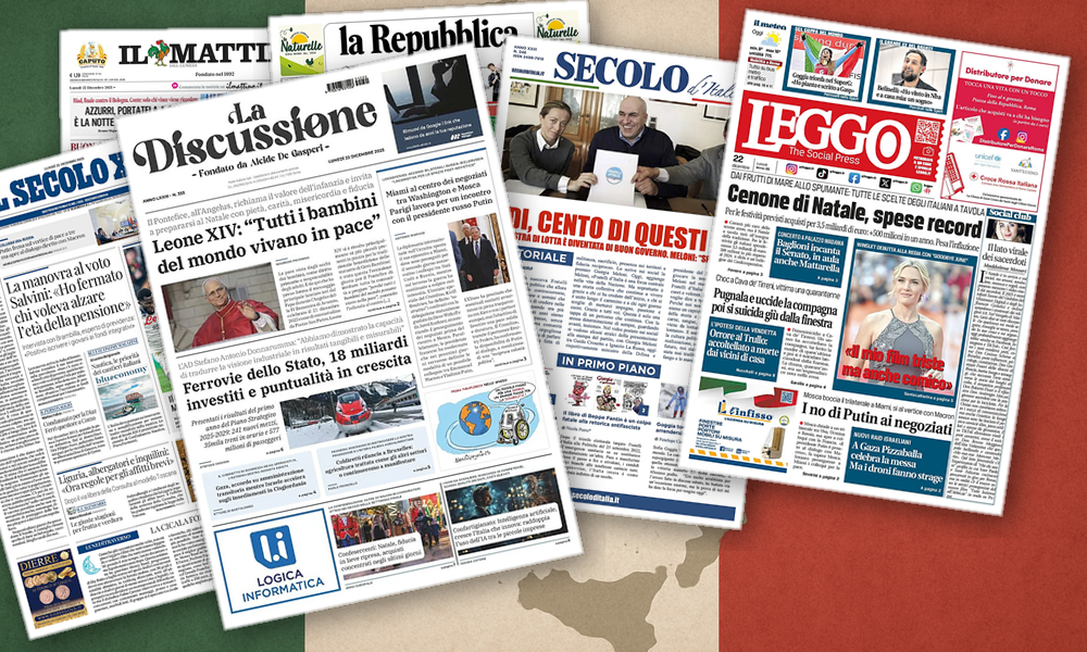 Collage delle prime pagine analizzate: Pace lontana, conti e culture in conflitto