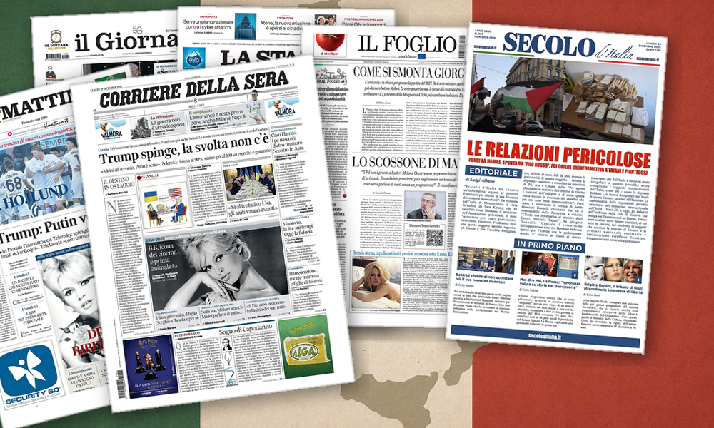 Collage delle prime pagine analizzate: Pace incerta, scandalo Hamas e addio a BB