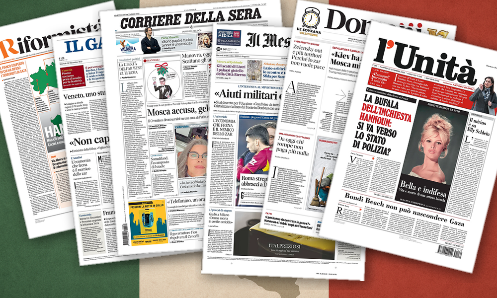 Collage delle prime pagine analizzate: Pace in bilico, giustizia in sospeso, Italia divisa
