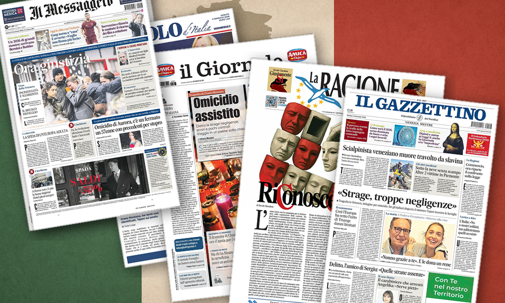 Collage delle prime pagine analizzate: Strage, Iran, Ong: l’Italia guarda all’Europa