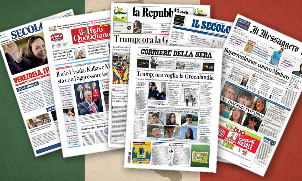 Collage delle prime pagine analizzate: Venezuela, Groenlandia e l’Italia tra diritto e potere