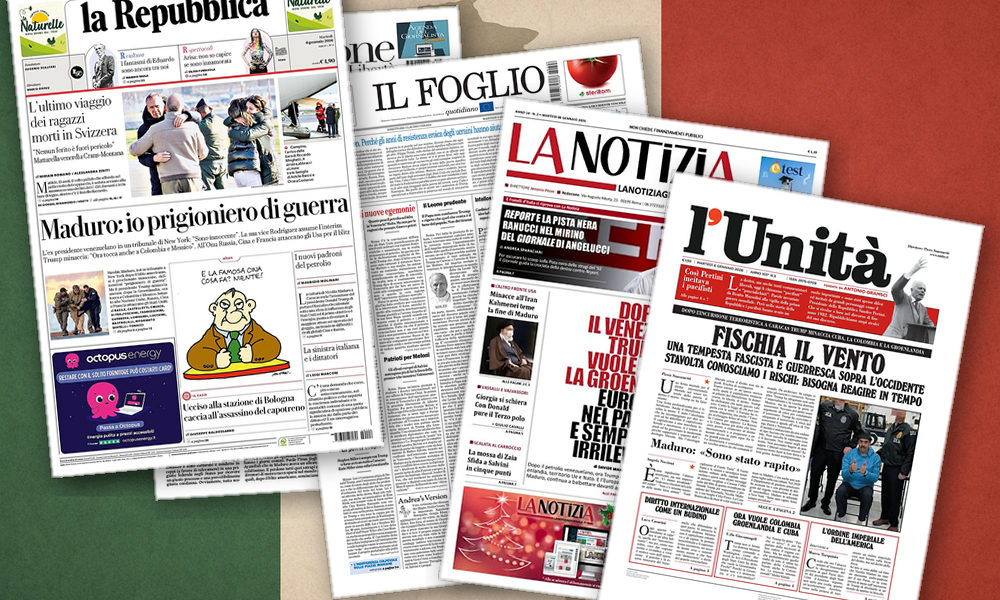 Collage delle prime pagine analizzate: Venezuela, Groenlandia e giustizia: i giornali si dividono