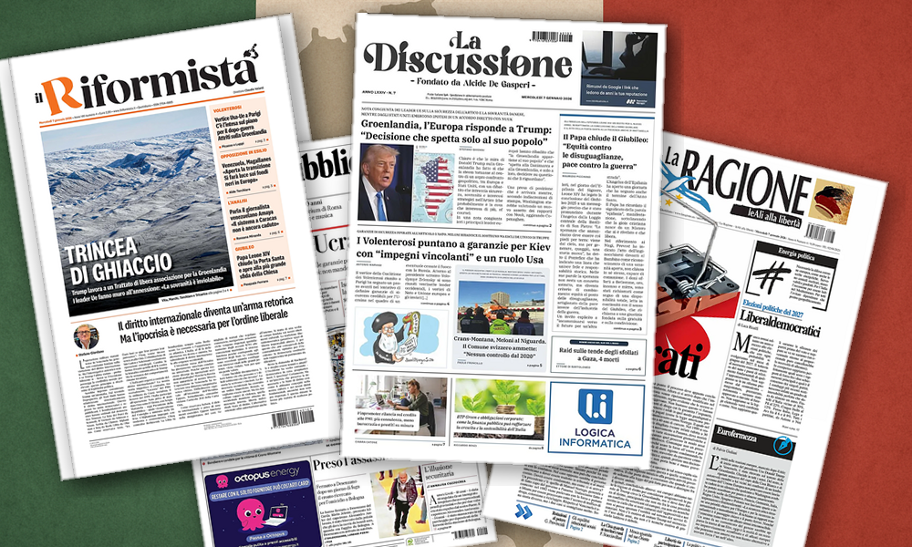 Collage delle prime pagine analizzate: Groenlandia, Kiev e il vento europeo