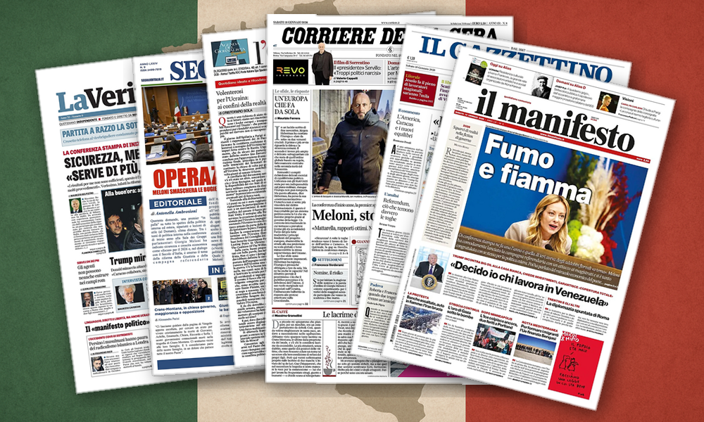 Collage delle prime pagine analizzate: Giustizia, tragedia e geopolitica sui giornali