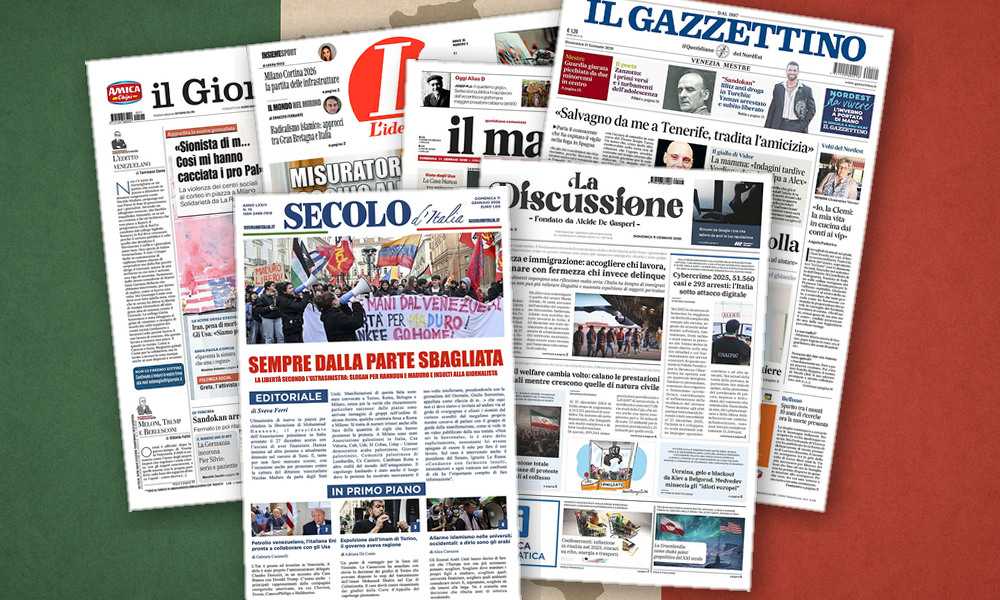 Collage delle prime pagine analizzate: Proteste, giustizia e geopolitica dividono le prime