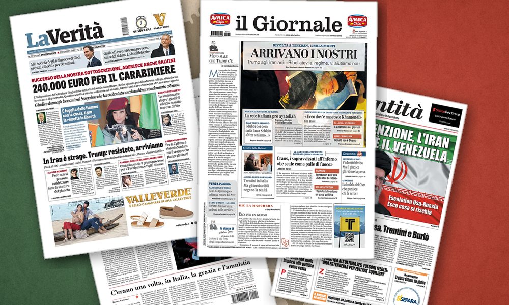 Collage delle prime pagine analizzate: Iran e Italia, fronti aperti