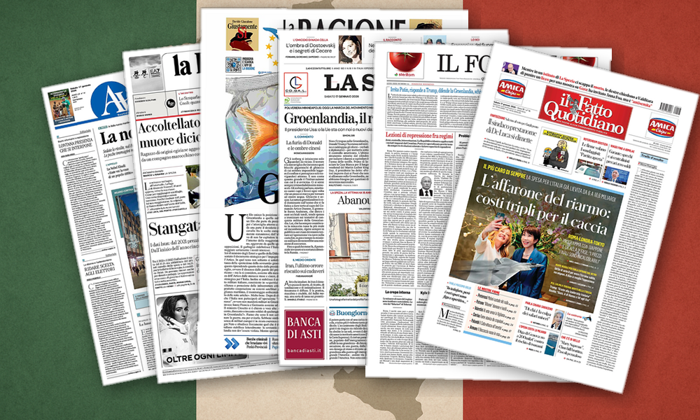 Collage delle prime pagine analizzate: Sangue a scuola, gelo artico, Iran in piazza