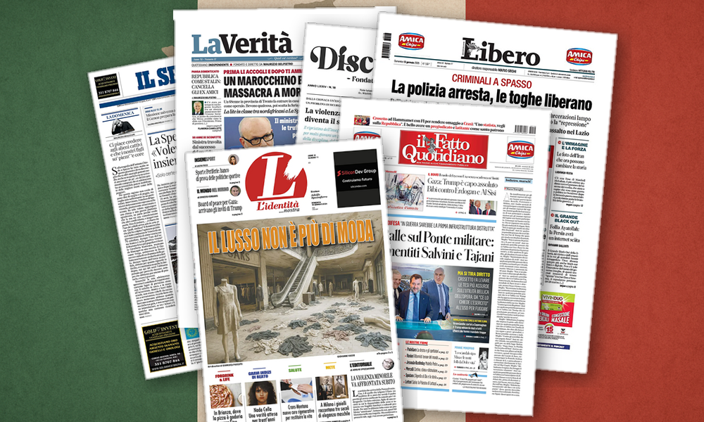 Collage delle prime pagine analizzate: Dazi, coltelli e istituzioni: lItalia tra allarmi e scelte