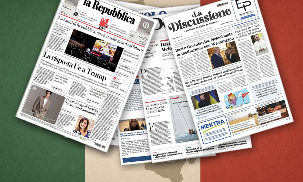 Collage delle prime pagine analizzate: Dazi, sicurezza, Iran: Italia divisa