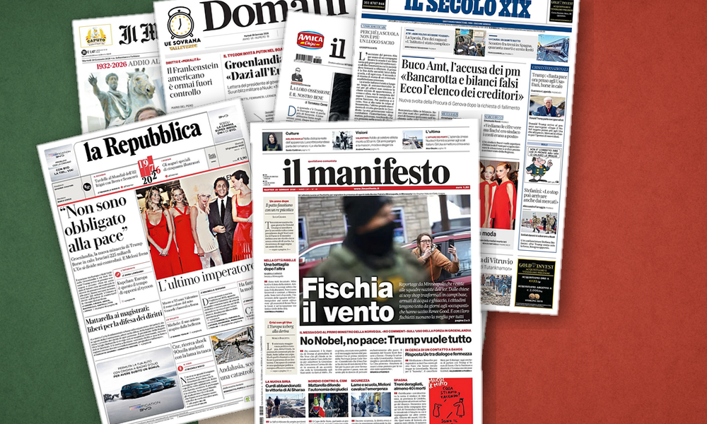 Collage delle prime pagine analizzate: Trump, Valentino e l’Italia tra ansie e orgoglio