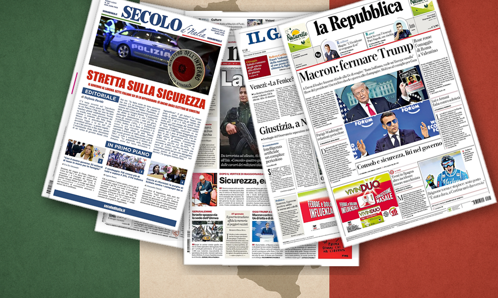 Collage delle prime pagine analizzate: Trump, dazi e sicurezza: lItalia si specchia