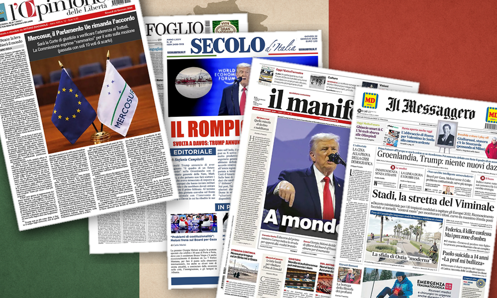 Collage delle prime pagine analizzate: Davos spacca i giornali italiani