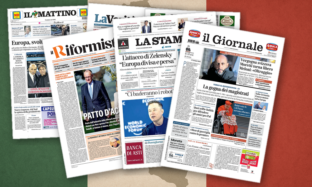 Collage delle prime pagine analizzate: Asse Roma-Berlino, Donbass e scandalo svizzero