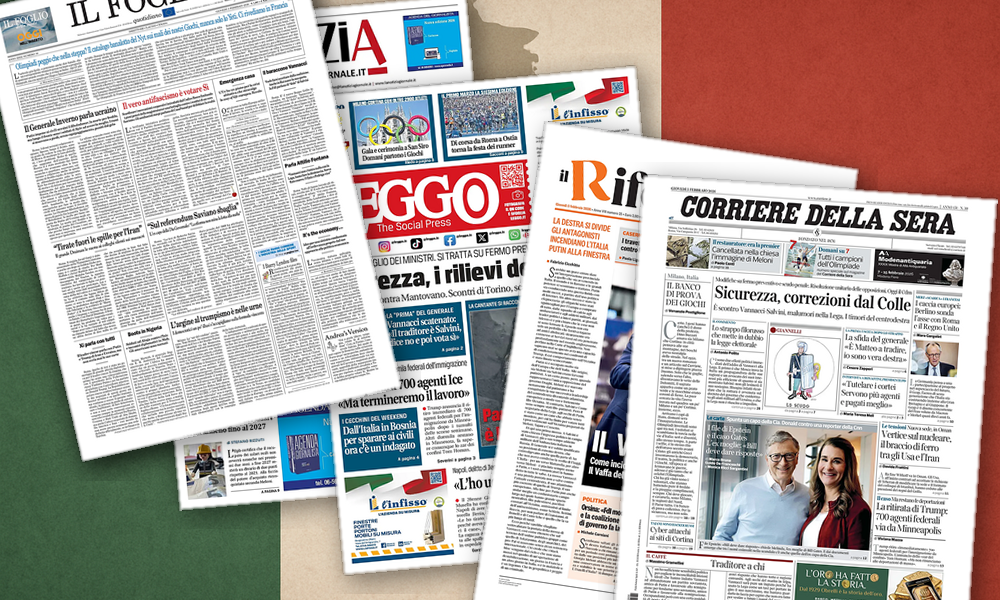 Collage delle prime pagine analizzate: Sicurezza, scosse a destra e Olimpiadi sotto scudo