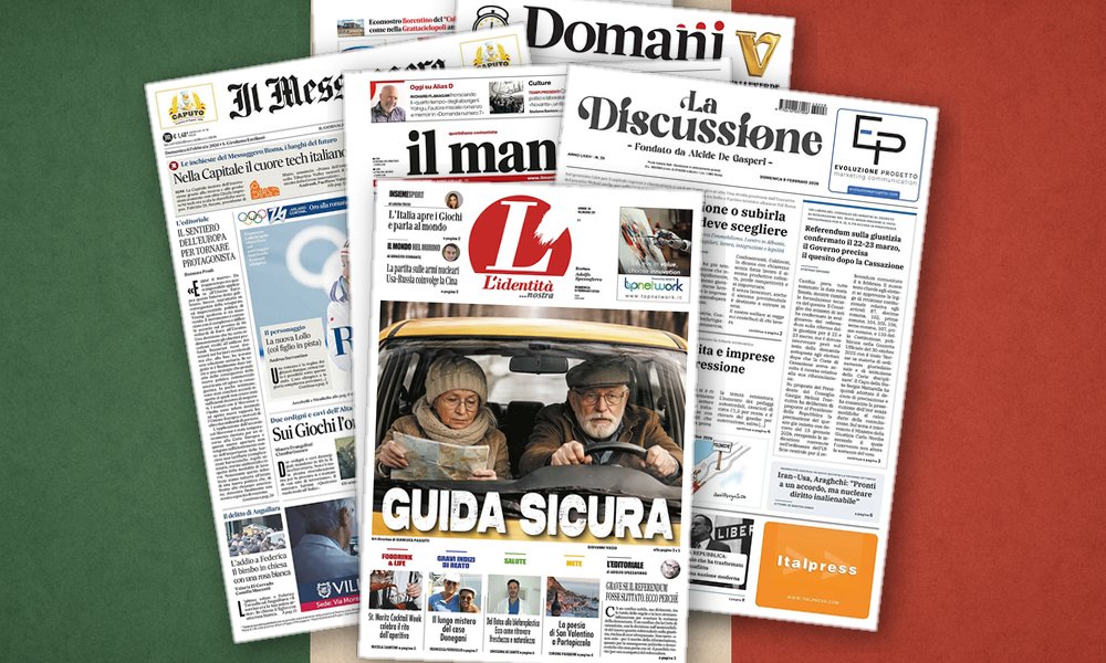 Collage delle prime pagine analizzate: Oro, sabotaggi e giustizia: l'Italia divisa