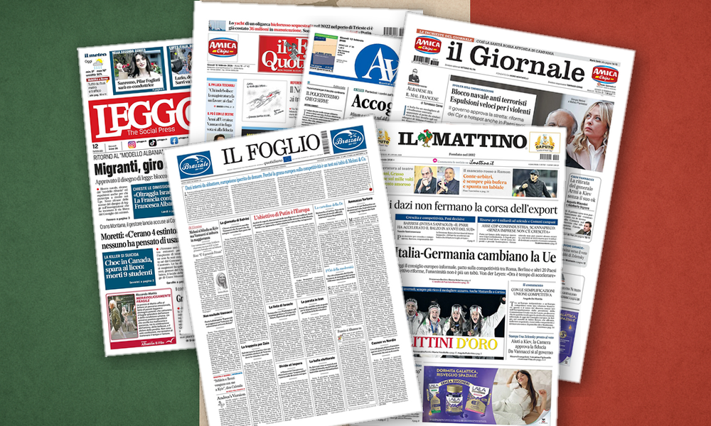 Collage delle prime pagine analizzate: Armi, migranti ed Europa dividono le prime pagine