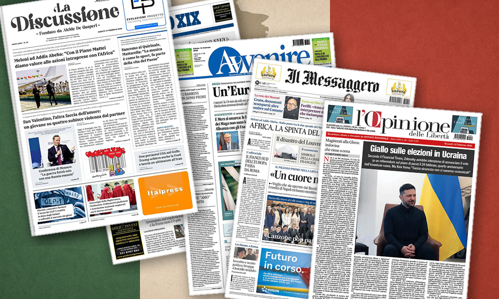 Collage delle prime pagine analizzate: Frattura Atlantica e Italia divisa sul referendum