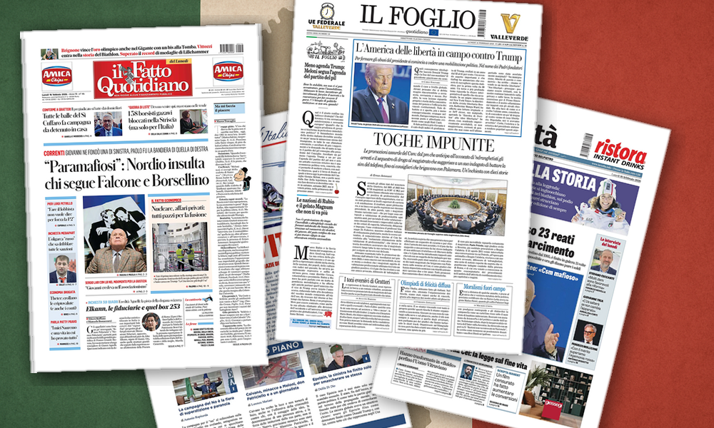 Collage delle prime pagine analizzate: Oro, toghe e Gaza: l1talia si divide